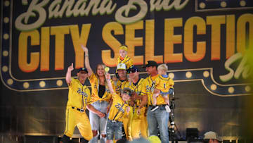 Hugh Harvey, a young cancer survivor, announces Iowa as a city where the Savannah Bananas will play during the Banana Ball City Selection Show on Thursday, October 9, 2025 at Historic Grayson Stadium.