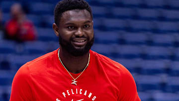 Nov 3, 2024; New Orleans, Louisiana, USA;  New Orleans Pelicans forward Zion Williamson (1) during warmups before the game against the Atlanta Hawks at Smoothie King Center. Mandatory Credit: Stephen Lew-Imagn Images