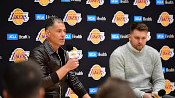 Feb 4, 2025; El Segundo, CA, USA; Los Angeles Lakers vice president of basketball operations and general manager Rob Pelinka speaks before introducing Luka Doncic at UCLA Health Training Center. Mandatory Credit: Gary A. Vasquez-Imagn Images