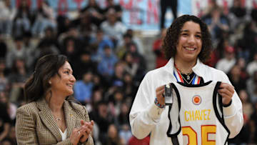 Monterey senior Aaliyah Chavez receives her McDonald's All-American jersey at a pep rally Wednesday, March 5, 2025, at Monterey High School.