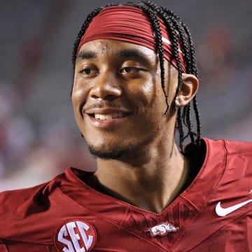 Arkansas Razorbacks quarterback Taylen Green (10) celebrates after the game against the Pine Bluff Golden Lions at War Memorial Stadium. Arkansas won 70-0.