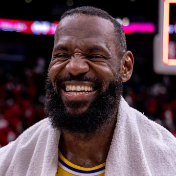 Apr 16, 2024; New Orleans, Louisiana, USA; Los Angeles Lakers forward LeBron James (23) reacts after the play-in game of the 2024 NBA playoffs against the New Orleans Pelicans at Smoothie King Center. Mandatory Credit: Stephen Lew-USA TODAY Sports