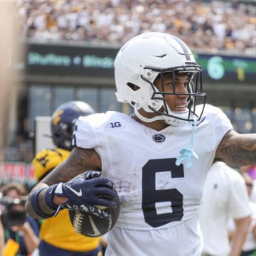 Penn State wide receiver Harrison Wallace III celebrates after catching a pass for a touchdown during the second quarter against the West Virginia Mountaineers. 