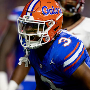 Florida Gators cornerback Jason Marshall Jr. (3) celebrates after a stop during the first half against the Florida State Seminoles at Steve Spurrier Field at Ben Hill Griffin Stadium in Gainesville, FL on Saturday, November 25, 2023. [Matt Pendleton/Gainesville Sun]