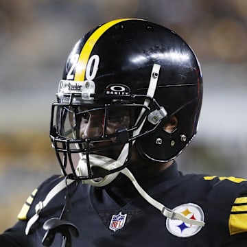 Dec 7, 2023; Pittsburgh, Pennsylvania, USA;  Pittsburgh Steelers cornerback Patrick Peterson (20) celebrates a blocked punt against the New England Patriots during the fourth quarter at Acrisure Stadium. New England won 21-18. Mandatory Credit: Charles LeClaire-Imagn Images