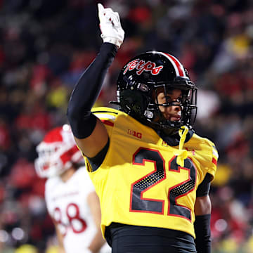 Nov 16, 2024; College Park, Maryland, USA; Maryland Terrapins defensive back Jalen Huskey (22) celebrates during the second half against the Rutgers Scarlet Knights at SECU Stadium. Mandatory Credit: Daniel Kucin Jr.-Imagn Images