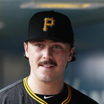 Pittsburgh Pirates starting pitcher Paul Skenes (30) looks on from the dugout against the Chicago Cubs during the second inning at PNC Park on Aug 28.