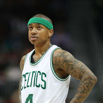 Apr 6, 2017; Atlanta, GA, USA; Boston Celtics guard Isaiah Thomas (4) reacts to a play during their game against the Atlanta Hawks at Philips Arena. The Hawks won 123-116. Mandatory Credit: Jason Getz-Imagn Images