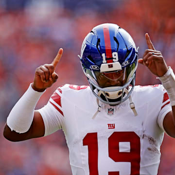 Oct 19, 2025; Denver, Colorado, USA; New York Giants quarterback Jameis Winston (19) reacts before the game against the Denver Broncos at Empower Field at Mile High.  