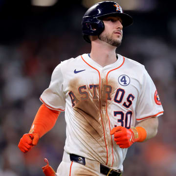 Jun 2, 2024; Houston, Texas, USA; Houston Astros designated hitter Kyle Tucker (30) runs to first base after hitting a single against the Minnesota Twins during the third inning at Minute Maid Park.