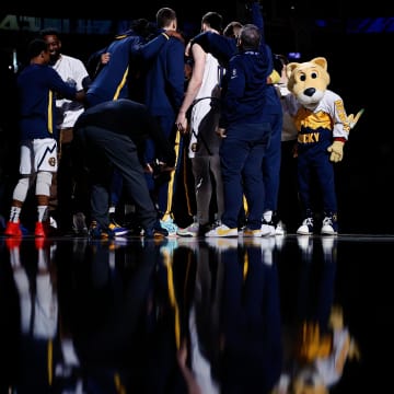 Apr 9, 2023; Denver, Colorado, USA; Denver Nuggets players huddle before the game against the Sacramento Kings at Ball Arena. Mandatory Credit: Isaiah J. Downing-USA TODAY Sports