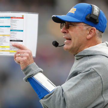 Nov 4, 2023; Pittsburgh, Pennsylvania, USA;  Pittsburgh Panthers head coach Pat Narduzzi gestures on the sidelines against the Florida State Seminoles during the first quarter at Acrisure Stadium. Mandatory Credit: Charles LeClaire-USA TODAY Sports