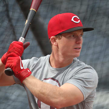 May 20, 2025; Pittsburgh, Pennsylvania, USA; Cincinnati Reds second baseman Matt McLain (9) in the batting cage before the game against the Pittsburgh Pirates at PNC Park. Mandatory Credit: Charles LeClaire-Imagn Images
