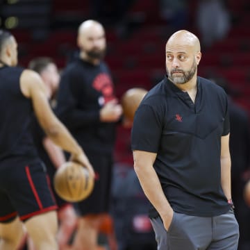 Oct 29, 2023; Houston, Texas, USA; Houston Rockets general manager Rafael Stone watches during practice before the game against the Golden State Warriors at Toyota Center. Mandatory Credit: Troy Taormina-USA TODAY Sports