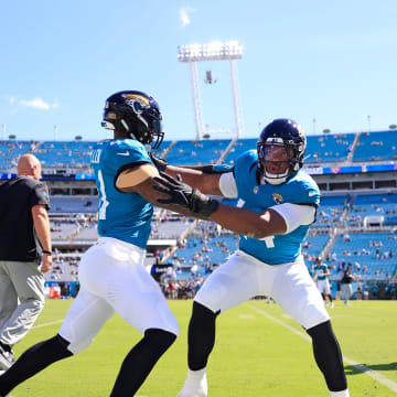 Jacksonville Jaguars linebacker Travon Walker (44) drills with linebacker Josh Allen (41) before an NFL football matchup Sunday, Oct. 15, 2023 at EverBank Stadium in Jacksonville, Fla. The Jacksonville Jaguars defeated the Indianapolis Colts 37-20. [Corey Perrine/Florida Times-Union]