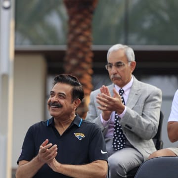 Mayor Donna Deegan and Jacksonville Jaguars owner Shad Khan during an event in July 2023.