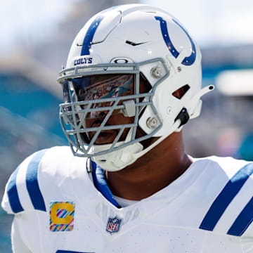 Oct 15, 2023; Jacksonville, Florida, USA; Indianapolis Colts defensive tackle DeForest Buckner (99) before the game against the Jacksonville Jaguars at EverBank Stadium. Mandatory Credit: Morgan Tencza-Imagn Images