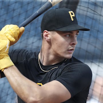 Aug 2, 2024; Pittsburgh, Pennsylvania, USA;  Pittsburgh Pirates shortstop Konnor Griffin who was the ninth overall pick in first round of the 2024 First-Year Player Draft in the batting cage before a game against the Arizona Diamondbacks at PNC Park. Mandatory Credit: Charles LeClaire-Imagn Images