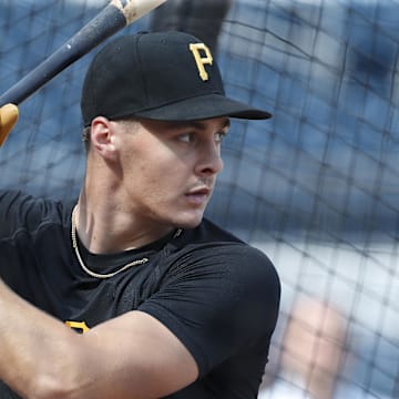 Aug 2, 2024; Pittsburgh, Pennsylvania, USA;  Pittsburgh Pirates shortstop Konnor Griffin who was the ninth overall pick in first round of the 2024 First-Year Player Draft in the batting cage before a game against the Arizona Diamondbacks at PNC Park. Mandatory Credit: Charles LeClaire-Imagn Images