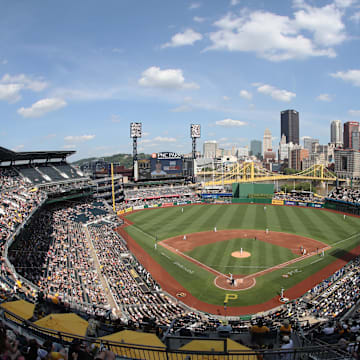 Jun 21, 2025; Pittsburgh, Pennsylvania, USA;  General view as the Texas Rangers bat against the Pittsburgh Pirates during the third inning at PNC Park. Mandatory Credit: Charles LeClaire-Imagn Images