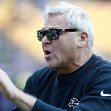 Oct 8, 2023; Pittsburgh, Pennsylvania, USA;  Baltimore Ravens offensive line coach Joe D'Alessandris instructs before the game against the Pittsburgh Steelers at Acrisure Stadium. Mandatory Credit: Charles LeClaire-USA TODAY Sports