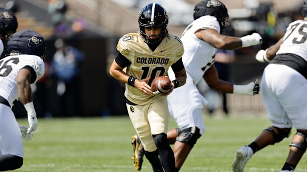 Apr 19, 2025; Boulder, CO, USA; Colorado Buffaloes quarterback Julian Lewis (10) before the spring game at Folsom Field. 