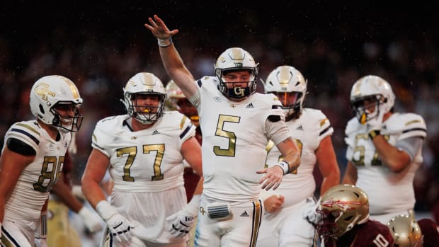 Aug 24, 2024; Dublin, IRL; Zach Pyron of Georgia Tech celebrates scoring a touch down against Florida State at Aviva Stadium.