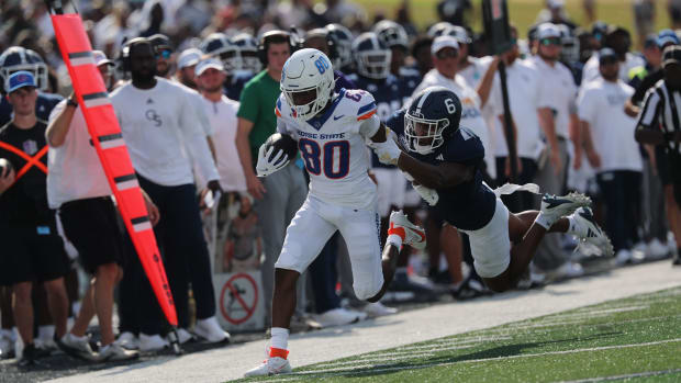 Saturday, August 31, 2024; Statesboro, Georgia; Georgia Southern's Cam Williams attempts to stop Boise State's Cameron Bates 