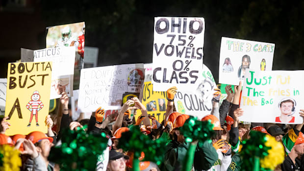 Fans cheer during ESPN’s “College GameDay” Saturday, Oct. 12, 2024 on the campus of the University of Oregon in Eugene, Ore.