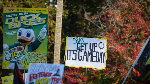 Signs during ESPN’s “College GameDay” Saturday, Oct. 12, 2024 on the campus of the University of Oregon in Eugene, Ore.