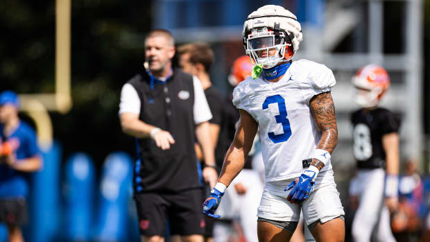 Florida Gators wide receiver Eugene Wilson III (3) waits for a drill to start during fall football practice at Heavener Footb