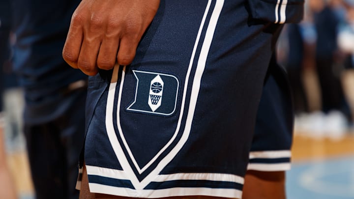 Duke v North Carolina; The Duke basketball logo on a pair of its throwback uniforms