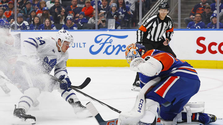 Jan 16, 2024; Edmonton, Alberta, CAN; Edmonton Oilers goaltender Stuart Skinner (74) makes a save on