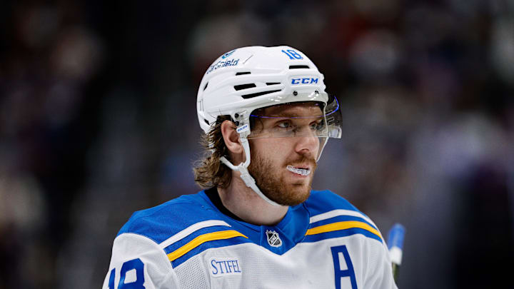 Dec 31, 2025; Denver, Colorado, USA; St. Louis Blues center Robert Thomas (18) in the third period against the Colorado Avalanche at Ball Arena. Mandatory Credit: Isaiah J. Downing-Imagn Images