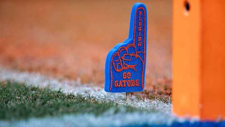 A mini foam finger sits on the field at the pilon in the endzone during the first half between the Florida Gators and Vanderbilt Commodores at Steve Spurrier Field at Ben Hill Griffin Stadium in Gainesville, FL on Saturday, October 7, 2023. [Matt Pendleton/Gainesville Sun]