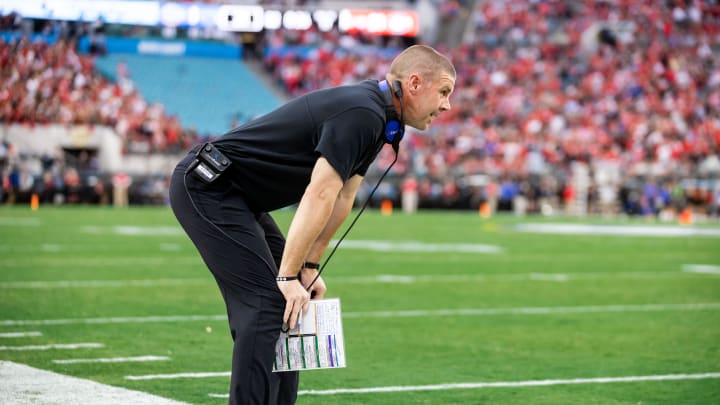 Florida Gators head coach Billy Napier reacts to a penalty call during the first half against the Georgia Bulldogs at TIAA Bank Field in Jacksonville, FL on Saturday, October 29, 2022. [Matt Pendleton/Gainesville Sun]

Ncaa Football Florida Gators Vs Georgia Bulldogs