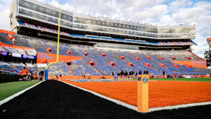 A pylon with a Gators and SEC logo sits on the field which is painted black for the game between the Florida Gators and the Arkansas Razorbacks at Steve Spurrier Field at Ben Hill Griffin Stadium in Gainesville, FL on Saturday, November 4, 2023. [Matt Pendleton/Gainesville Sun]