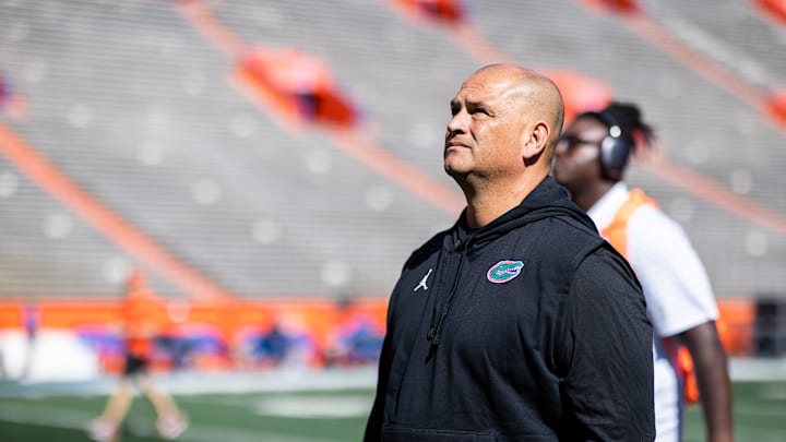 Florida Gators assistant coach for wide receivers Billy Gonzales walks on the field during Gator Walk at the Orange and Blue spring football game at Steve Spurrier Field at Ben Hill Griffin Stadium in Gainesville, FL on Saturday, April 13, 2024. [Matt Pendleton/Gainesville Sun]