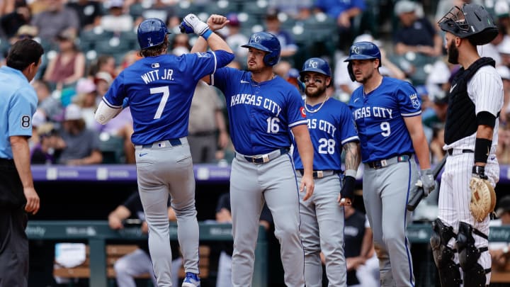 Jul 7, 2024; Denver, Colorado, USA; Kansas City Royals shortstop Bobby Witt Jr. (7) celebrates his three run home run with outfielder Hunter Renfroe (16) ahead of center fielder Kyle Isbel (28) and designated hitter Vinnie Pasquantino (9) in the ninth inning against the Colorado Rockies at Coors Field. Mandatory Credit: Isaiah J. Downing-USA TODAY Sports