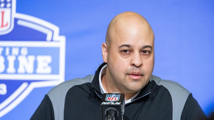 Feb 28, 2023; Indianapolis, IN, USA; Pittsburgh Steelers general manager Omar Khan speaks to the press at the NFL Combine at Lucas Oil Stadium. Mandatory Credit: Trevor Ruszkowski-USA TODAY Sports