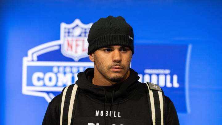 Feb 28, 2024; Indianapolis, IN, USA; Kansas defensive lineman Austin Booker (DL28) talks to the media at the 2024 NFL Combine at Indiana Convention Center. Mandatory Credit: Trevor Ruszkowski-USA TODAY Sports