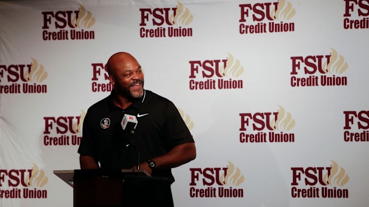Florida State University Football Wide Receivers Coach Ron Dugans introduces his recruits during the FSU National Signing Day party at Tallahassee Automobile Museum Wednesday, Feb. 6, 2019. 

Fsu Football National Signing Day 020619 Ts 146
