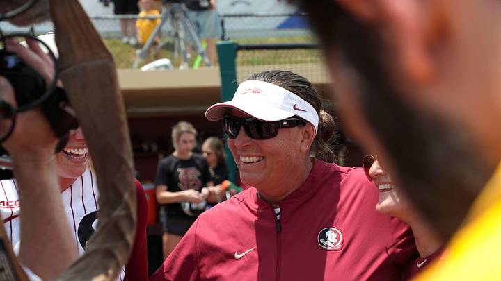Florida State Seminoles head coach Lonni Alameda celebrates her team's victory. The Florida State Seminoles celebrate their victory over the UNC Tar Heels for the ACC Softball Championship title Saturday, May 11, 2019. 

Fsu V Unc Acc Softball871