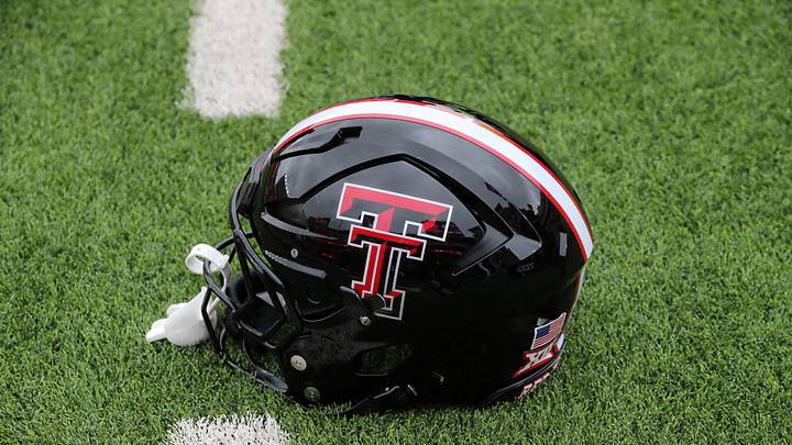 Oct 19, 2024; Lubbock, Texas, USA;  A general view of a Texas Tech Red Raiders helmet on the field before the game against the Baylor Bears at Jones AT&T Stadium and Cody Campbell Field. Mandatory Credit: Michael C. Johnson-Imagn Images