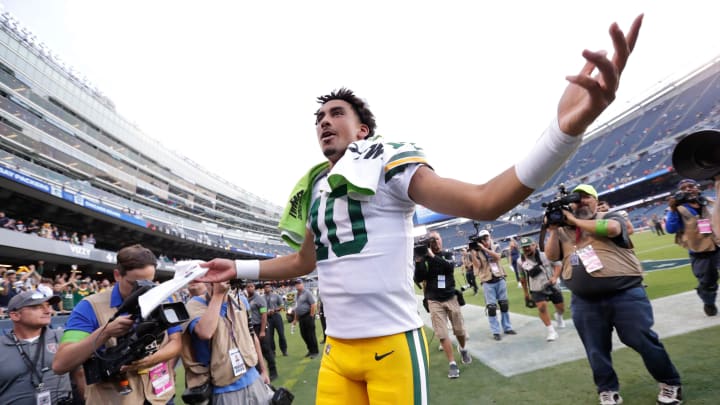Green Bay Packers quarterback Jordan Love (10) celebrates a victory against the Chicago Bears