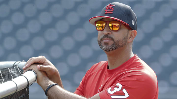 Jul 23, 2024; Pittsburgh, Pennsylvania, USA;  St. Louis Cardinals manager Oliver Marmol (37) looks on at the batting cage before a game against the Pittsburgh Pirates at PNC Park. Mandatory Credit: Charles LeClaire-Imagn Images