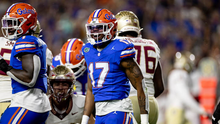 Florida Gators linebacker Scooby Williams (17) celebrates a stop during the first half against the Florida State Seminoles at Steve Spurrier Field at Ben Hill Griffin Stadium in Gainesville, FL on Saturday, November 25, 2023. [Matt Pendleton/Gainesville Sun]