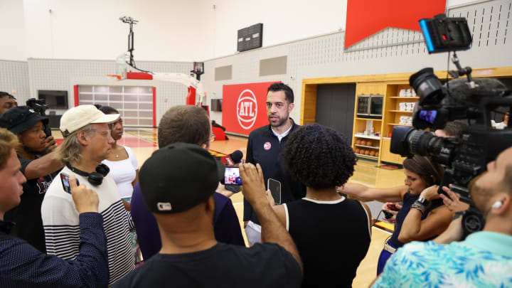 Jun 28, 2024; Atlanta, Georgia, USA; Atlanta Hawks general manager Landry Fields talks to the media at the Emory Sports Medicine Complex. Mandatory Credit: Brett Davis-USA TODAY Sports