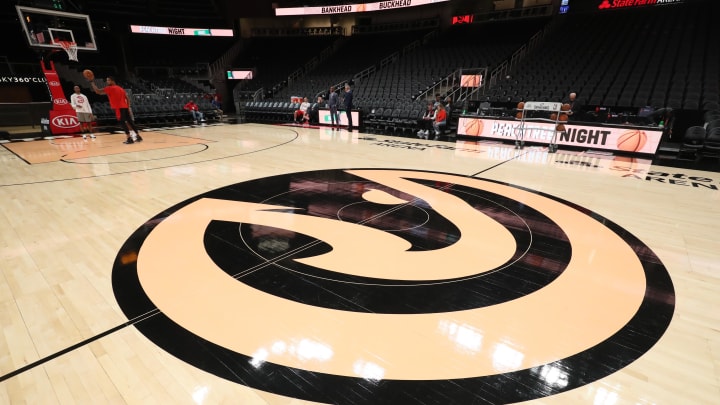 Jan 18, 2020; Atlanta, Georgia, USA; The Atlanta Hawks logo is shown during warm-ups on Peachtree Night before a game between the Atlanta Hawks and the Detroit Pistons at State Farm Arena. Mandatory Credit: Jason Getz-USA TODAY Sports