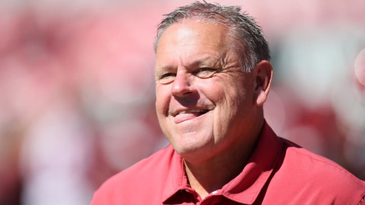  Arkansas Razorbacks head coach Sam Pittman prior to the game against the Alabama Crimson Tide at Donald W. Reynolds Razorback Stadium. 